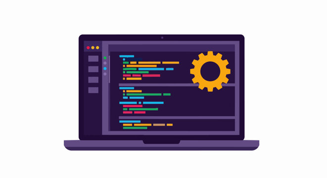 Laptop with Programming Code and Gear Icon Flat Vector Illustration for Software Development and Web Engineering Concept