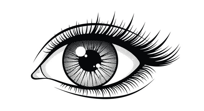 Intricate black and white line art illustration of a human eye with long, curled eyelashes and a detailed iris with reflections.