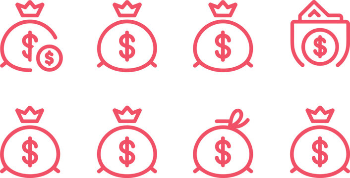 Vector illustration of eight red line icons showing money bags, wallet, cash, crown, and coin symbols representing financial concepts