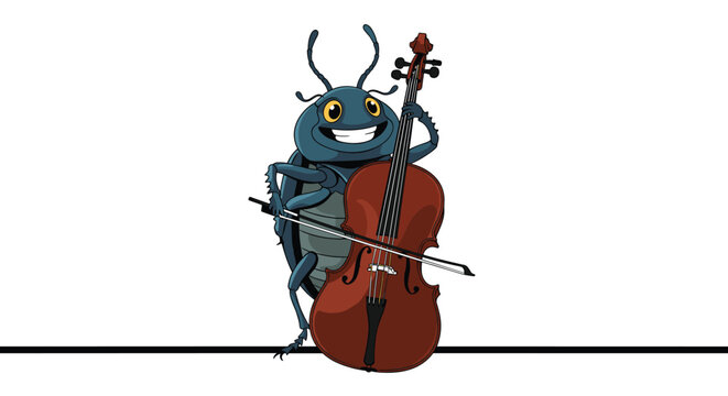 Whimsical cartoon beetle character with a happy expression playing a large cello instrument on a simple line background for music themes.