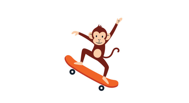 Playful monkey character skillfully riding an orange skateboard with one hand raised in the air against a plain white background.