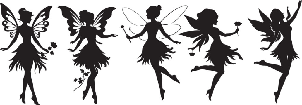 Fairy silhouette collection, set of 5 magical pixie characters with wings, mythical forest creature vector icons for fantasy storytelling and decals