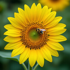 Obraz premium Realistic AI generated sunflower closeup with green leaves background, detailed botanical photography style