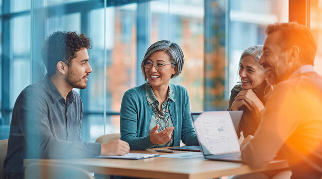 Diverse mentorship interaction between multi-generational colleagues sharing insights during a bright, authentic glass-office meeting