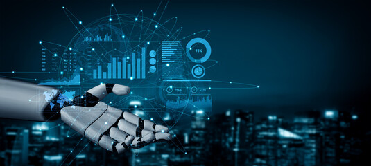 Naklejka premium A robotic hand reaches out with glowing digital data elements emphasizing technology role in business, innovation, and analytics against a modern cityscape. Scalp