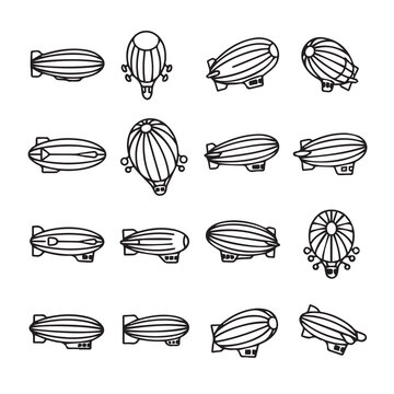 Collection of simple line drawings of blimps and dirigibles in various perspectives on a white background