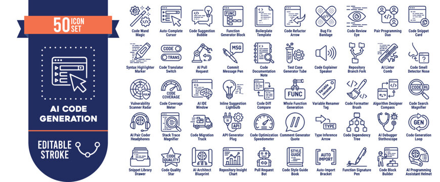 AI Code Generation Icon Set Vector with Editable Stroke for Developer and Programming Design

