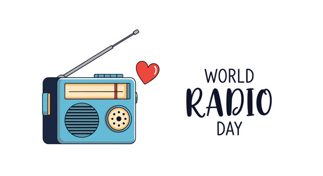 Retro blue transistor radio is accompanied by a red heart and the message World Radio Day in a clean and nostalgic style.