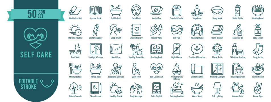 Self Care and Wellness Icon Set Vector with Editable Stroke for Health and Lifestyle Design
