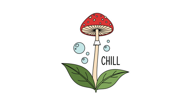 Red and white fly agaric mushroom grows among green leaves with floating bubbles under the bold text chill for relaxation.