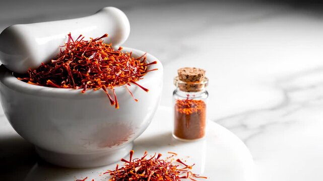 Crimson-orange saffron threads in white porcelain mortar with pestle, spilled threads on marble, clear glass saffron vial, soft directional light, Eid ul Adha festive spice luxury still life