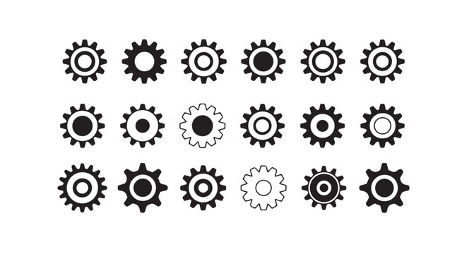 Collection of gear wheel vector symbols for industrial engineering and machine technology concepts.