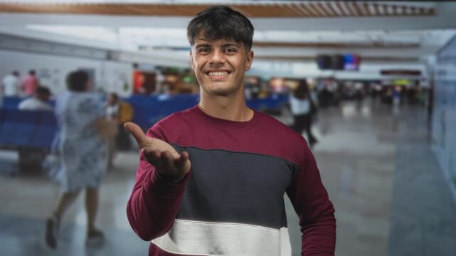 Young hispanic man smiling with outstretched hand palm up at busy airport terminal greeting travelers and offering assistance; friendly invitation.