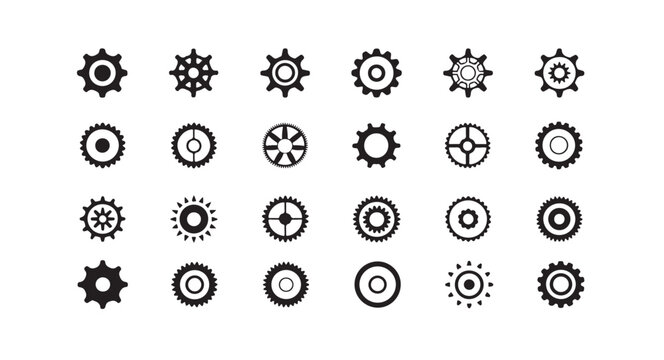 Collection of diverse gears and cogs icons, industrial elements, mechanical parts.