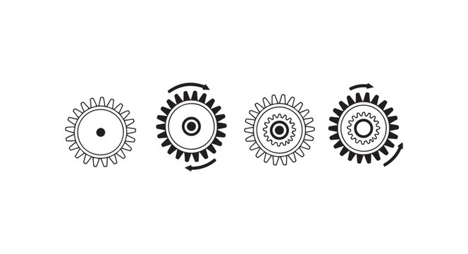 Black and white gear wheels with arrows indicating rotation for mechanical engineering diagrams.