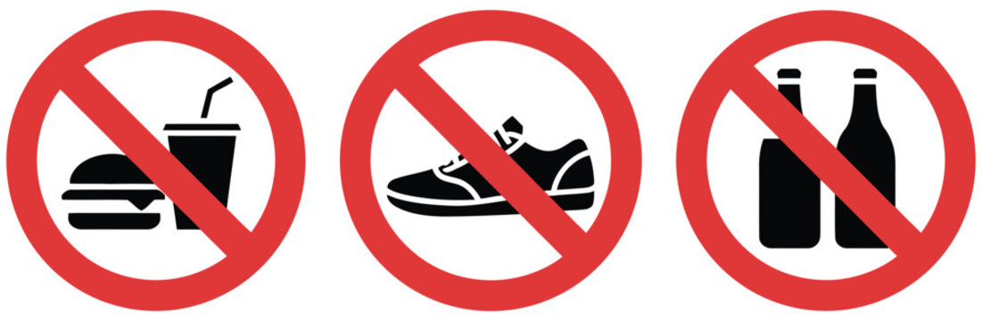 Prohibition sign symbol, no smoking, no eating, no shoes, no alcohol, no dogs, isolated vector illustration with clear restriction icons.