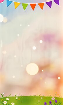 Colorful festive background with bunting flags and dreamy bokeh effects