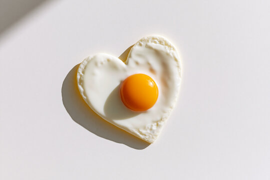 Heart-shaped fried egg with vibrant yolk on a stark white background in natural light.