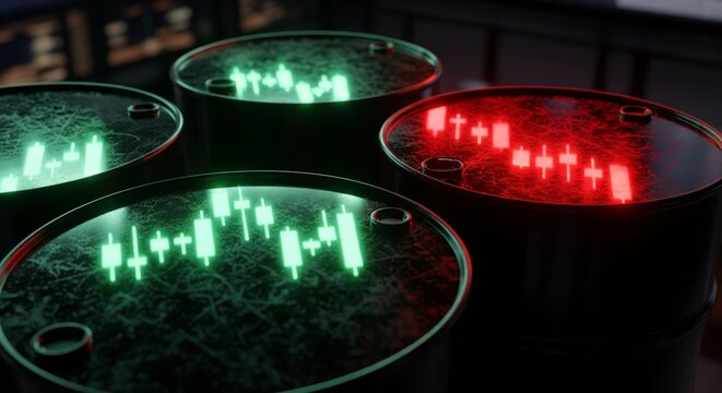 Oil barrels with glowing stock market candlestick charts in red and green representing market fluctuation