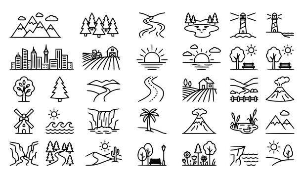 Landscape and environment outline icon set with mountain forest city and editable stroke vector collection