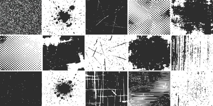 Set of fifteen black and white grunge textures with ink splatters halftone dots and rough distressed patterns