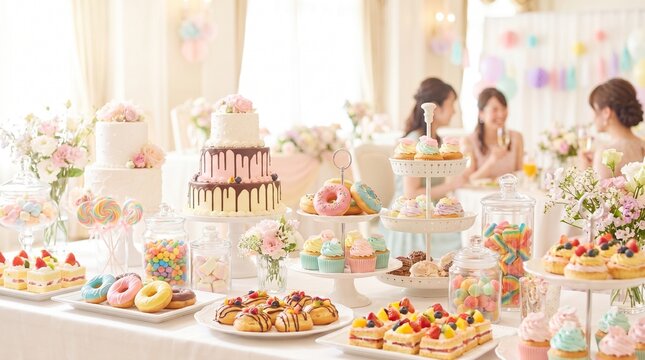 Bright High-Key Dessert Buffet Table with Cakes Donuts Cupcakes and Pastries, Colorful Candy Bar for Wedding Celebration, Festive Catering Stock Photography
