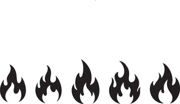 Minimalist black fire flame icons set, flat vector bonfire silhouettes, 5 burning heat symbols for logo design and warning signs