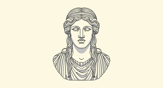 Classical line art illustration of a Greek or Roman female bust in a symmetrical front view on a soft cream background for art themes.