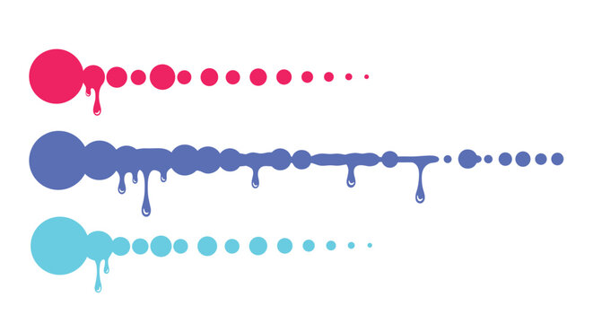 Abstract graphic of three horizontal lines made of dripping circles in pink purple and cyan colors on a clean white background design.