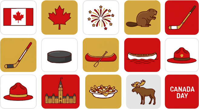 Canada Day icons, Canadian symbols, patriotic graphics, 15 vector elements