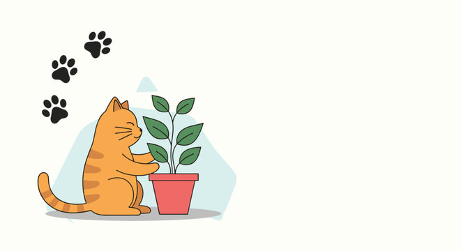 Cute illustration of an orange tabby cat taking care of a green potted plant with black paw prints floating in the background space.