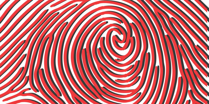 Abstract red fingerprint pattern with glowing lines and spiral texture for digital security and biometric design