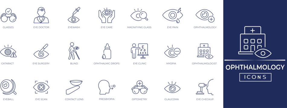 Ophthalmology web line icon set. Medical eye care, surgery, vision, test, optometry, vision correction, and more. Perfect icons collection.