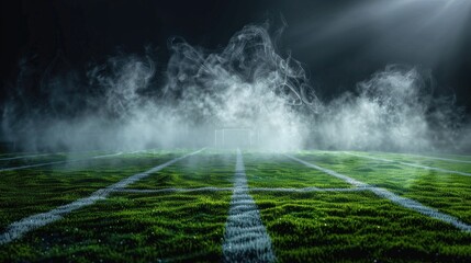 The Ethereal Arena: A Soccer Field Enveloped in Fog and Smoke