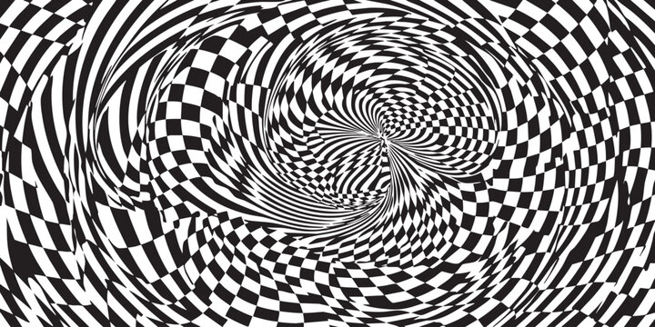 Abstract black and white checkered pattern with a distorted swirling motion effect for modern graphic design art