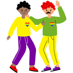 Fototapeta premium Two diverse friends celebrating pride month with rainbow hearts on shirts isolated on transparent background