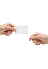 Obraz premium Two hands exchanging a blank business card isolated on transparent background