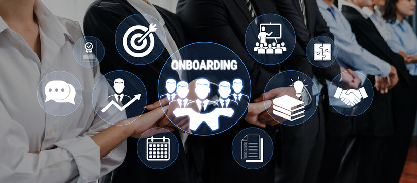 Business Professionals Engaging in Onboarding Process with Icons Representing Key Steps and Goals of Employee Integration and Development Fluxor.