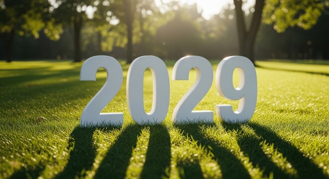 A large white 2029 sign on a grassy field illustration