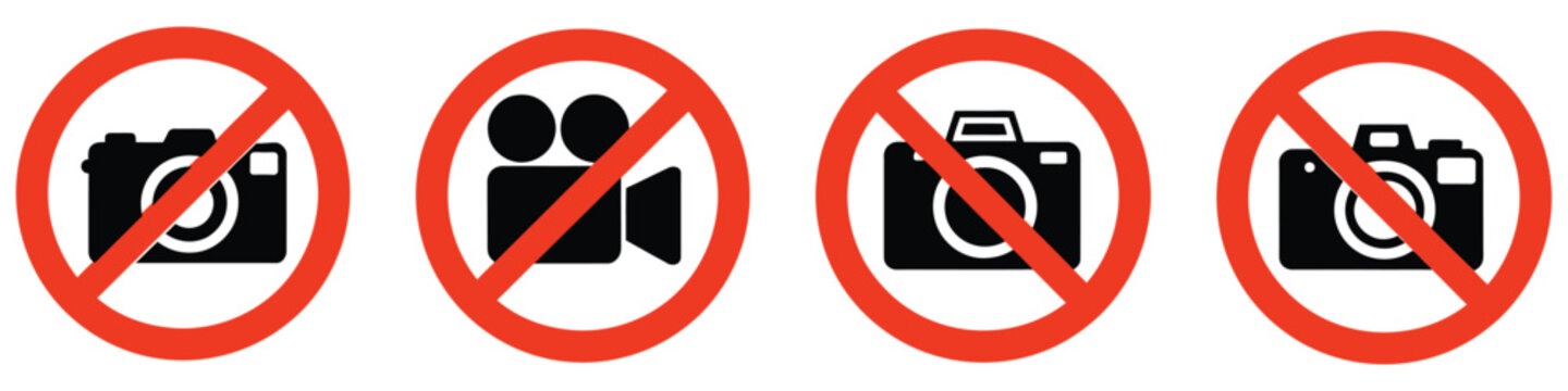 No photo camera vector signs, forbidden photography, prohibited video record, ban symbol icons isolated on white background vector illustration.