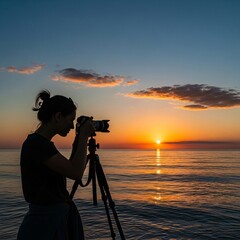 Fototapeta premium Photographer captures stunning sunset over calm ocean waters