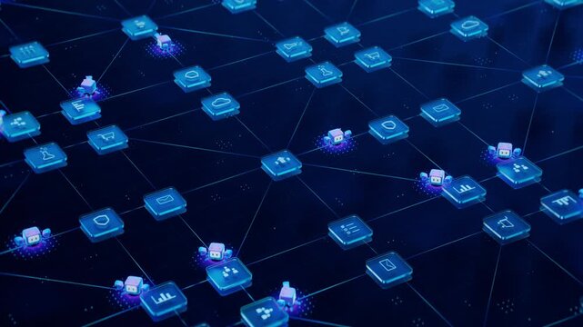 Loopable 3D Animation: Neural Network where Adorable AI Agents Execute Tasks, Perform Actions and Process Automation. Agentic AI Platform Where Autonomous Agents Working Together to Achieve Goals