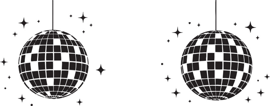 Retro disco ball vector set, black and white sparkling mirror ball icons, 70s party dance floor decorations with stars, hanging club sphere graphics