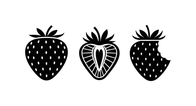 Strawberry silhouettes with cross section and bite mark on white