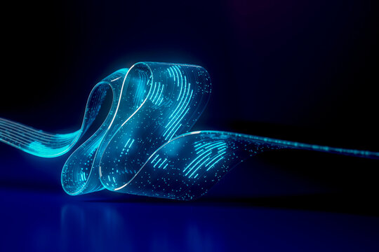 3D electric ribbon wave stretching across a blue horizon
