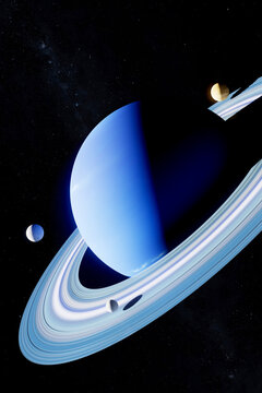 3D ringed blue planet orbiting in a vast cosmic field