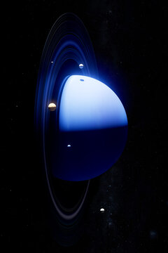 3D rings planet floating with moons in deep space