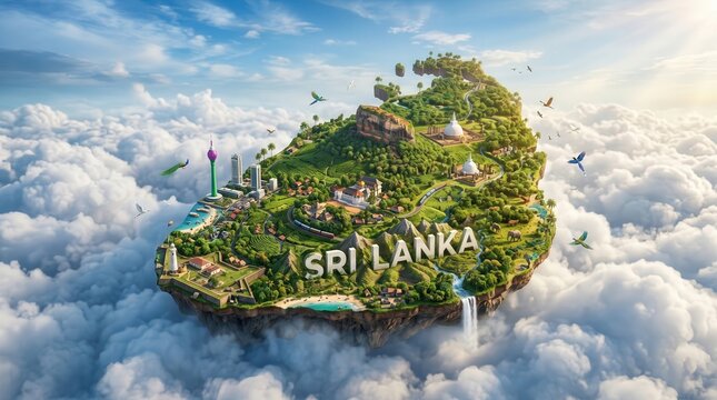 Floating island shaped like the map of Sri Lanka covered in lush tropical greenery and architectural landmarks rises above a dense layer of white clouds under bright warm sunlight for travel.