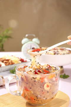 Instant Healthy Noodles with Vegetables Nuts and Dates in Glass Mug - Nutritious Quick Meal