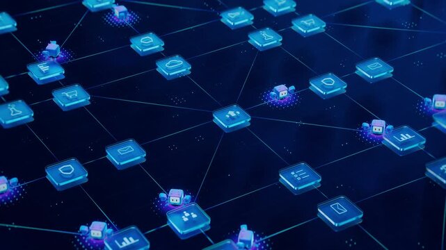 3D Animation: Zoom out Shot of Neural Network with Cute AI Agent Execute Tasks, Do Research and Perform Process Automation. Agentic AI Platform Where Autonomous Agents Working Together to Achieve Goal